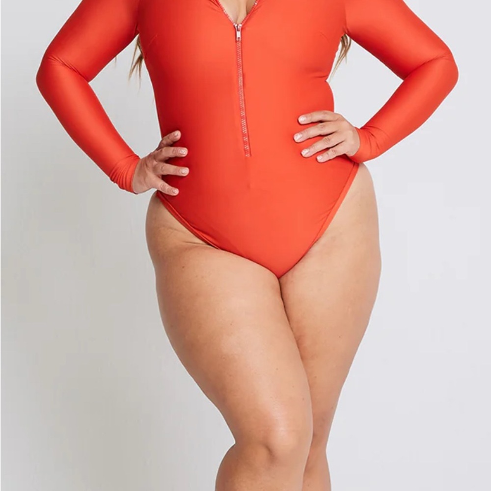 Long Sleeve Zip Front One-Piece Swimsuit - Orange
